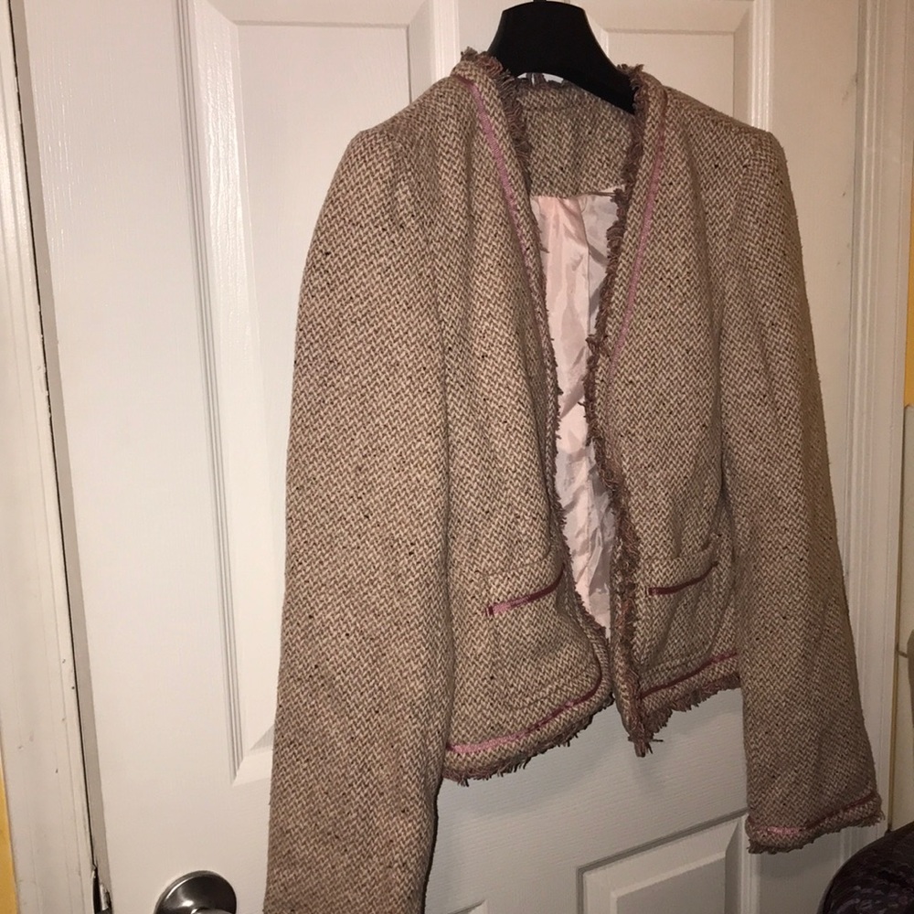 Old Navy pink fringe wool blazer.